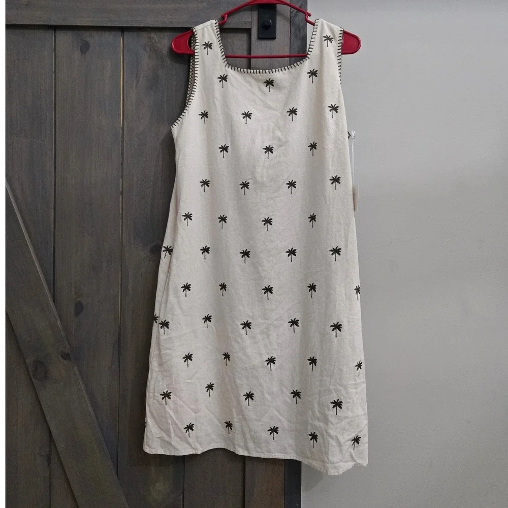 Cynthia Rowley Palm Tree Embroidered Linen Blend Dress Womens Medium Cream NEW - Picture 1 of 11